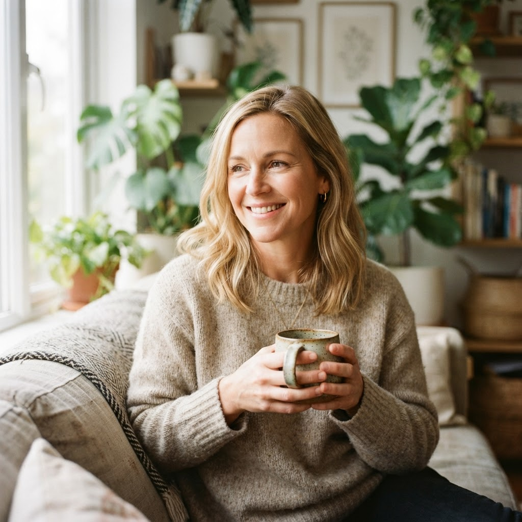 Demo creator holding a mug in a bright, plant-filled home