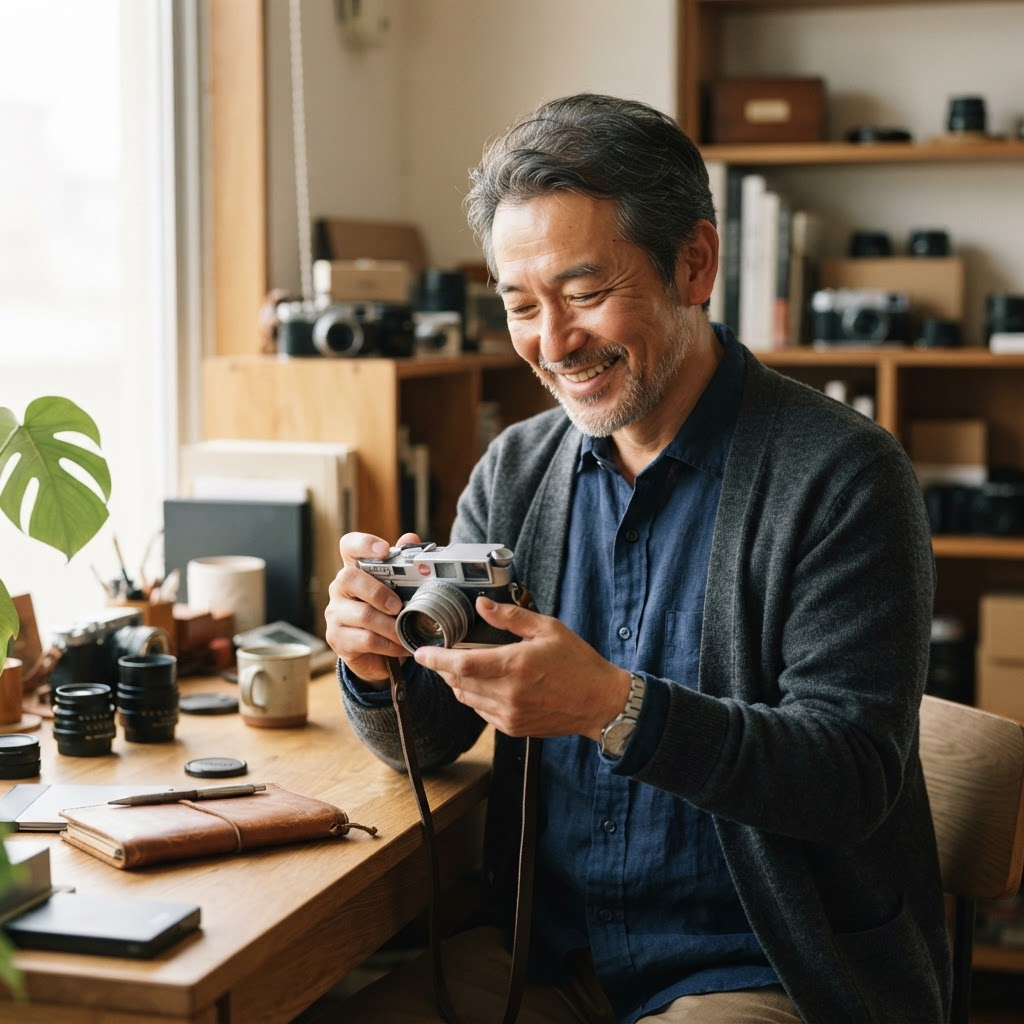 Demo creator examining a camera at a wooden desk