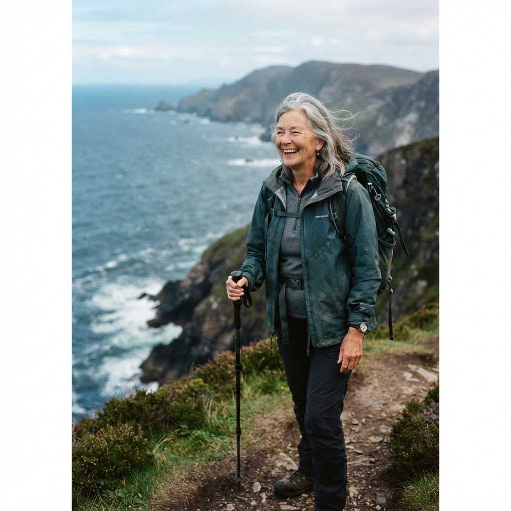 Demo creator in hiking gear on a coastal clifftop